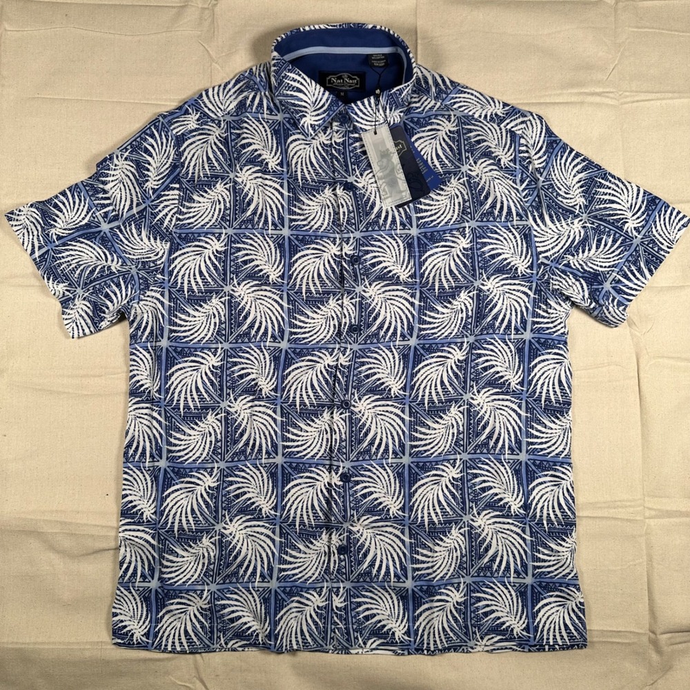 Nat Nast Mens Silk Cotton Blend Palm Leaf Print Button Down Shirt Blue White M